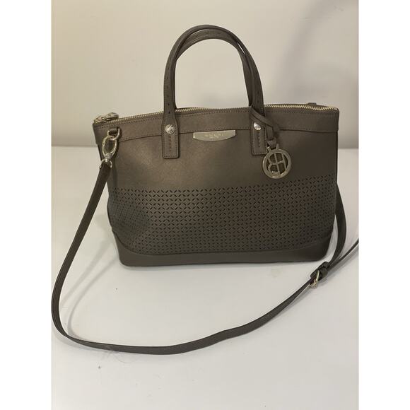 Henri Bendel WEST 57TH Large Brown Perforated Satchel Purse Gold Accents NWOT - Picture 4 of 15